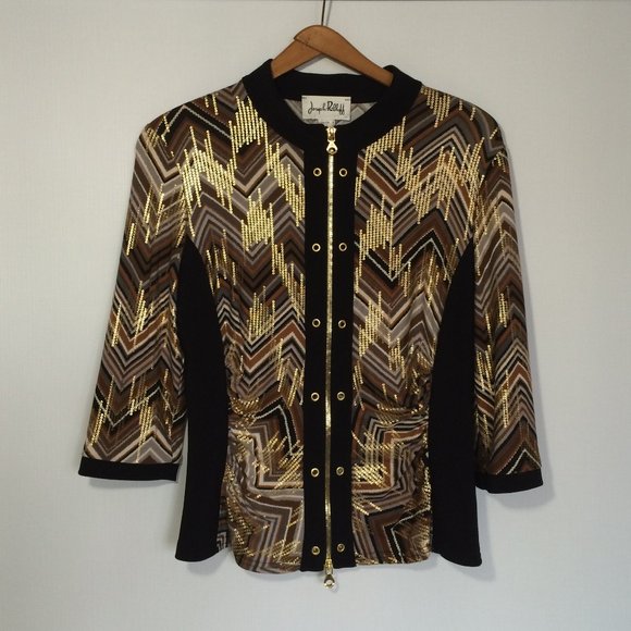 Joseph Ribkoff Womens Gold Sequin Print Top Sz 8 Zig Zag Pattern 3\4 Sleeve Zip - Picture 1 of 6
